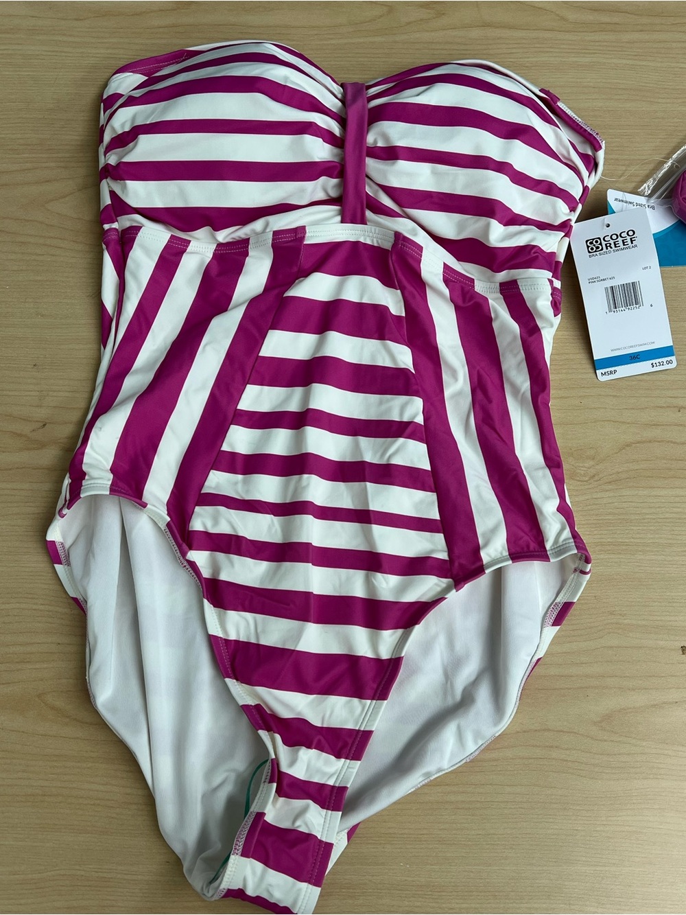 Coco Reef Fuchsia and White Striped Girls' One-Piece Swimwear - Picture 1 of 4